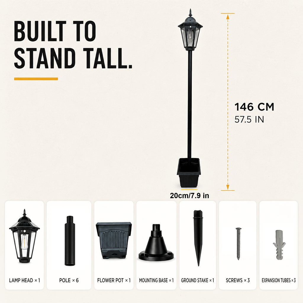 Lampadaire à filament solaire avec pot à fleurs, poteau de 146 cm