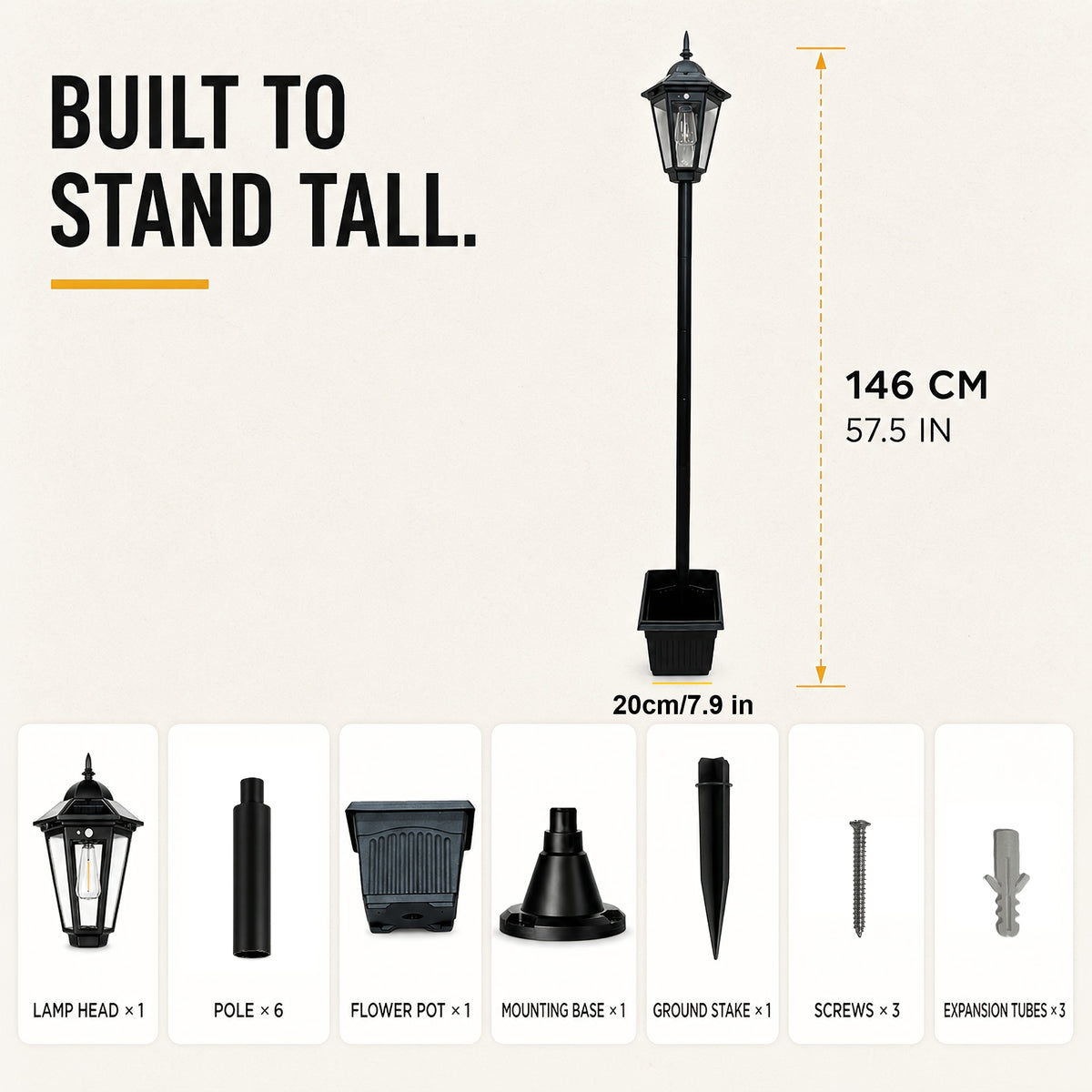 Lampadaire à filament solaire avec pot à fleurs, poteau de 146 cm