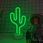 Néon LED cactus vert sur socle blanc, à piles ou USB, 14 x 20 cm