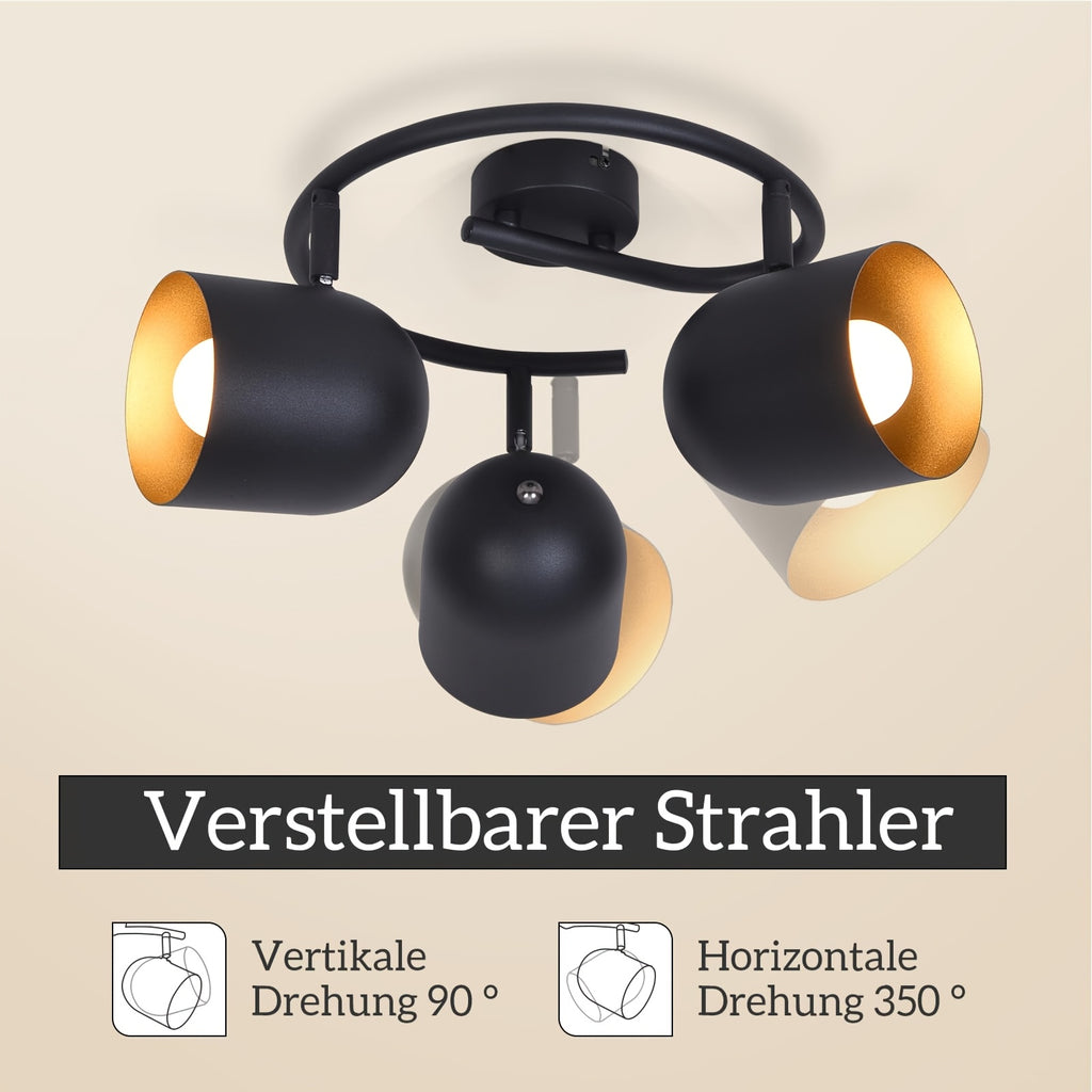 Plafonnier 3 spots noirs à intérieur doré, E14 orientables, 25 cm