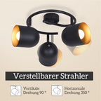 Plafonnier 3 spots noirs à intérieur doré, E14 orientables, 25 cm