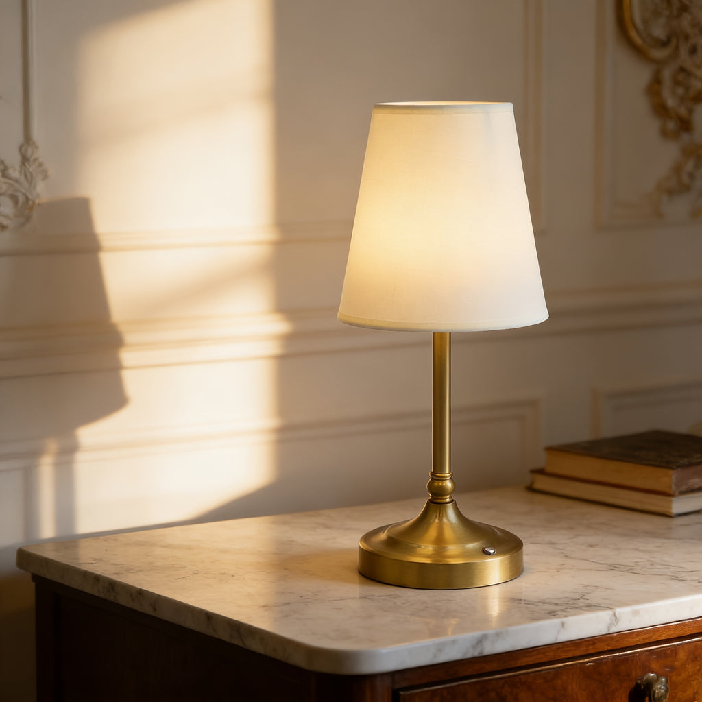 Lampe de chevet rechargeable au pied doré, abat-jour tissu 36 cm