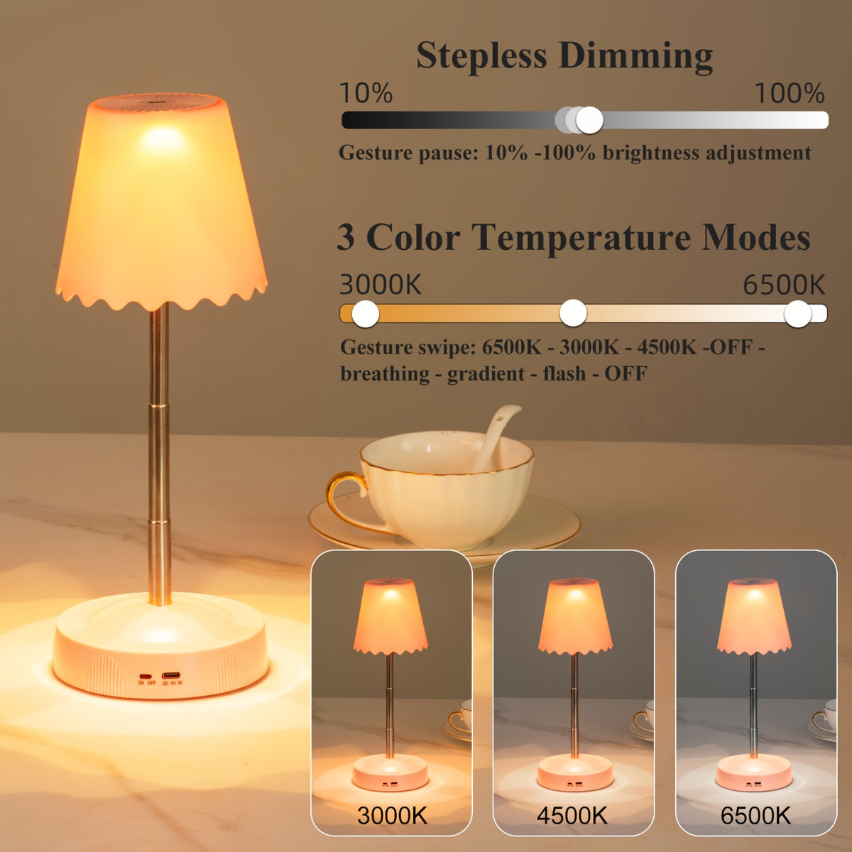 Lampe de table télescopique sans fil à commande gestuelle et RVB