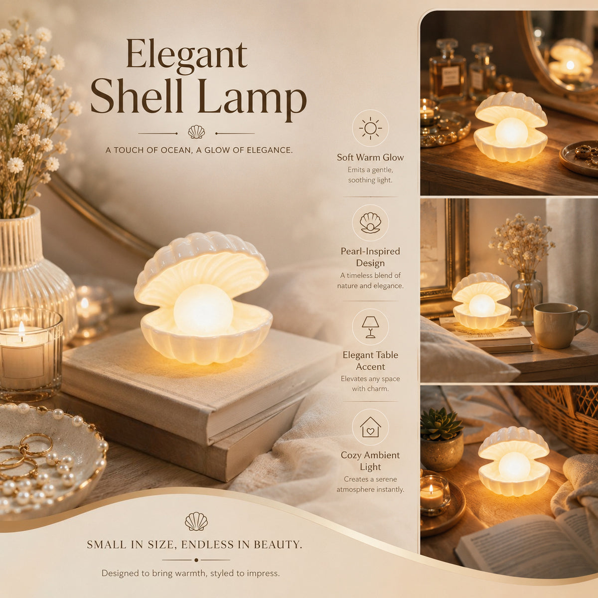Veilleuse coquillage et perle à piles, lampe de chevet blanc chaud