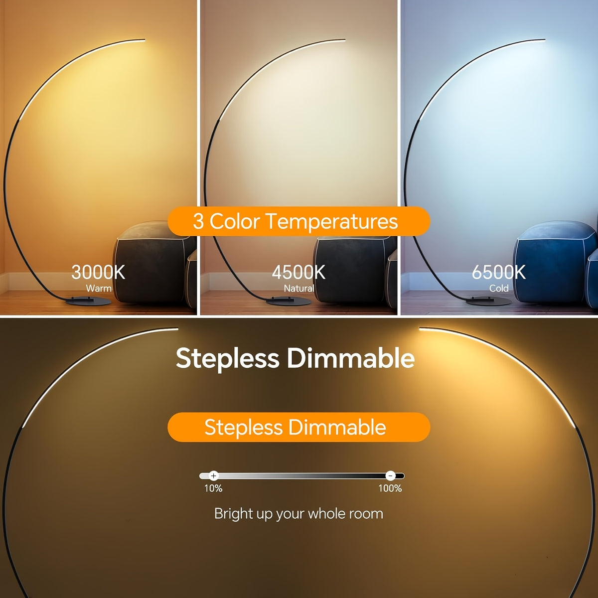 Lampadaire arc LED RVB 165 cm, couleurs et blancs réglables