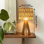 Lampe de chevet trépied en bois, abat-jour en corde tressée ajourée
