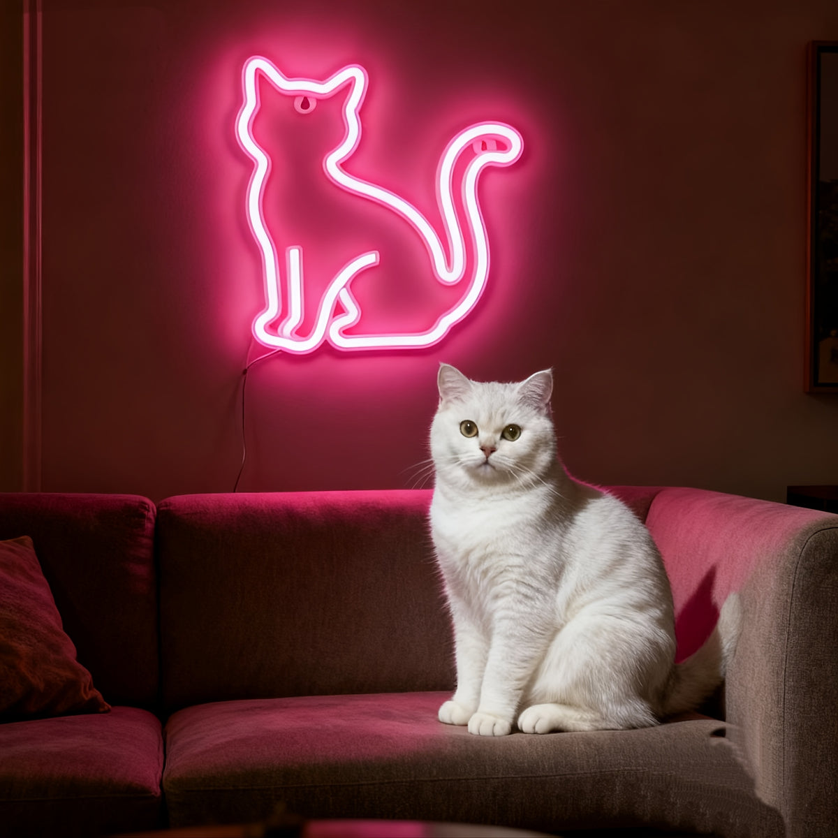 Néon LED chat assis à accrocher, rose ou blanc, piles ou USB