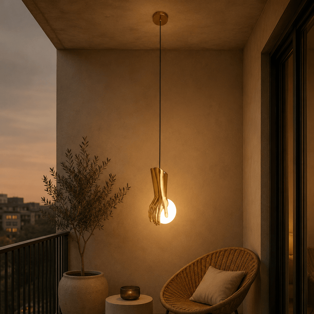 Suspension main dorée tenant un globe lumineux, 15 x 20 cm, G9