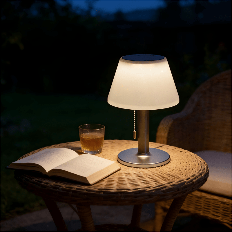 Lampe de table solaire abat-jour blanc et pied argenté, IP44
