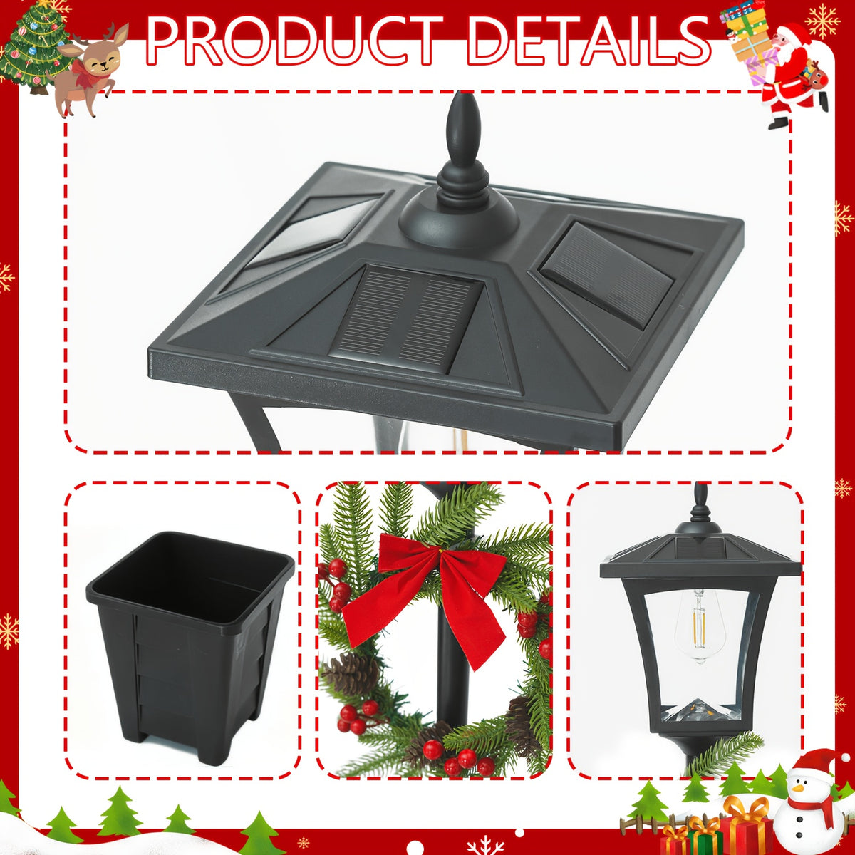 Lampadaire solaire de Noël 150 cm avec couronne et jardinière