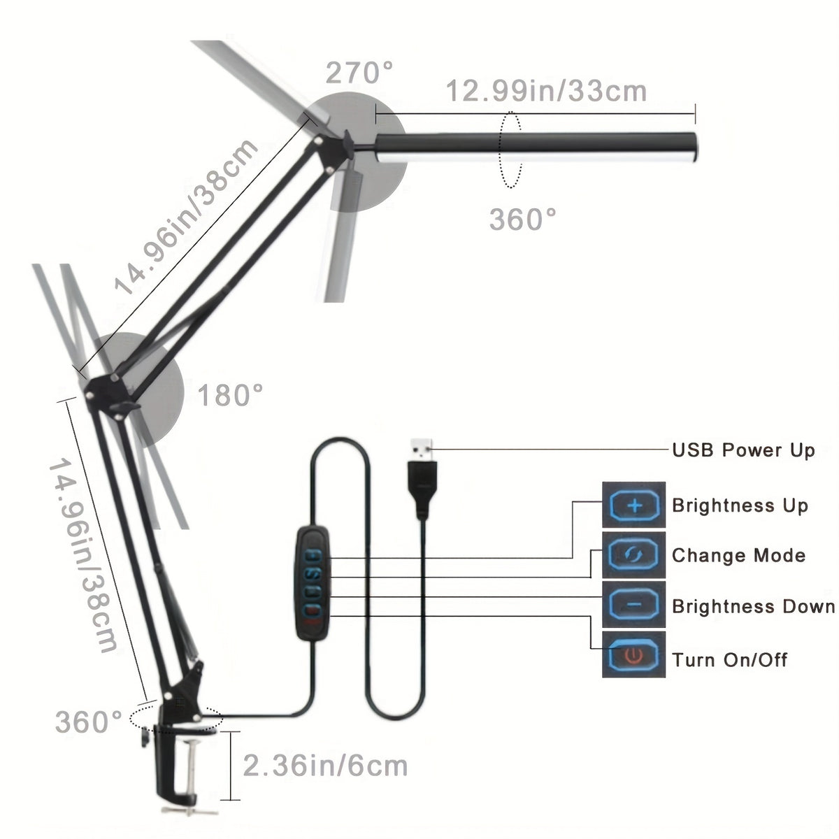 Lampe d'architecte à pince LED, bras métal blanc ou noir, USB