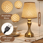 Lampe de chevet en rotin tressé, pied balustre doré et câble USB