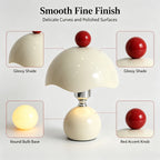 Lampe champignon crème en métal, chapeau ondulé et bouton rouge