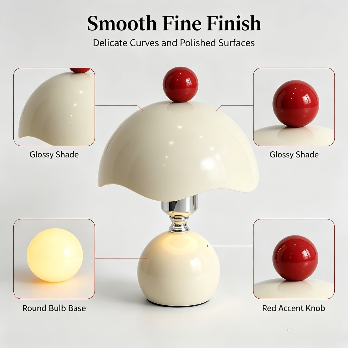 Lampe champignon crème en métal, chapeau ondulé et bouton rouge