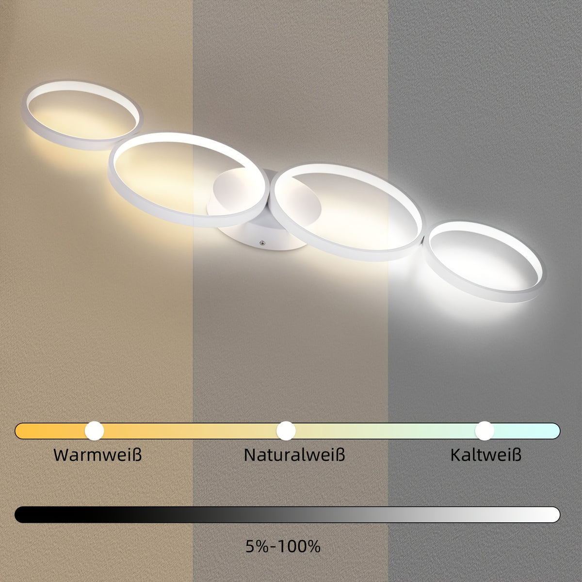 Plafonnier LED 100 cm à quatre anneaux, blanc à variateur ou noir