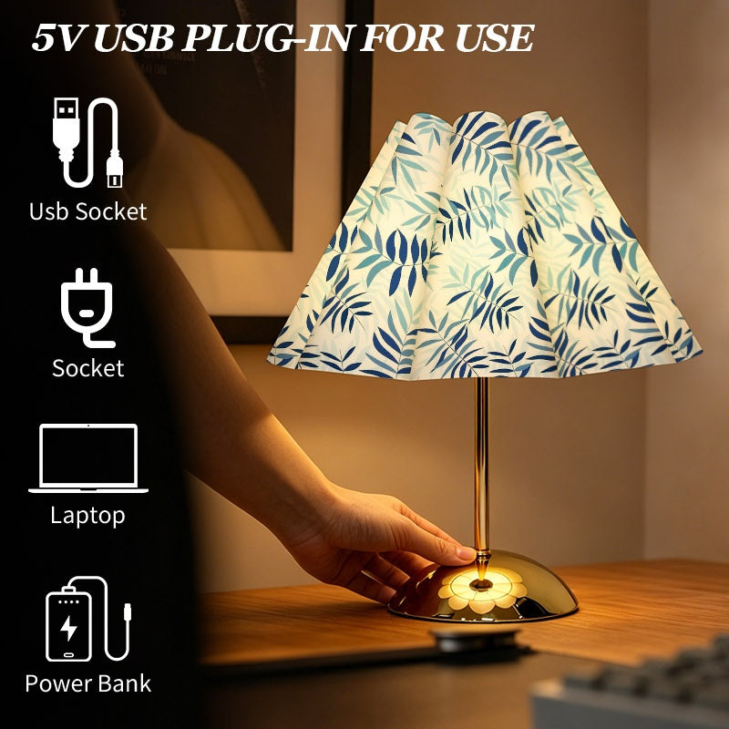 Lampe de chevet plissée à feuillage bleu-vert, pied doré et câble USB