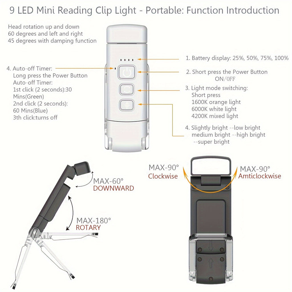 Lampe de lecture à pince de poche, 9 LED, minuterie, 3 coloris