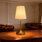 Lampe de chevet sans fil rétro, tige finition laiton et cône en tissu