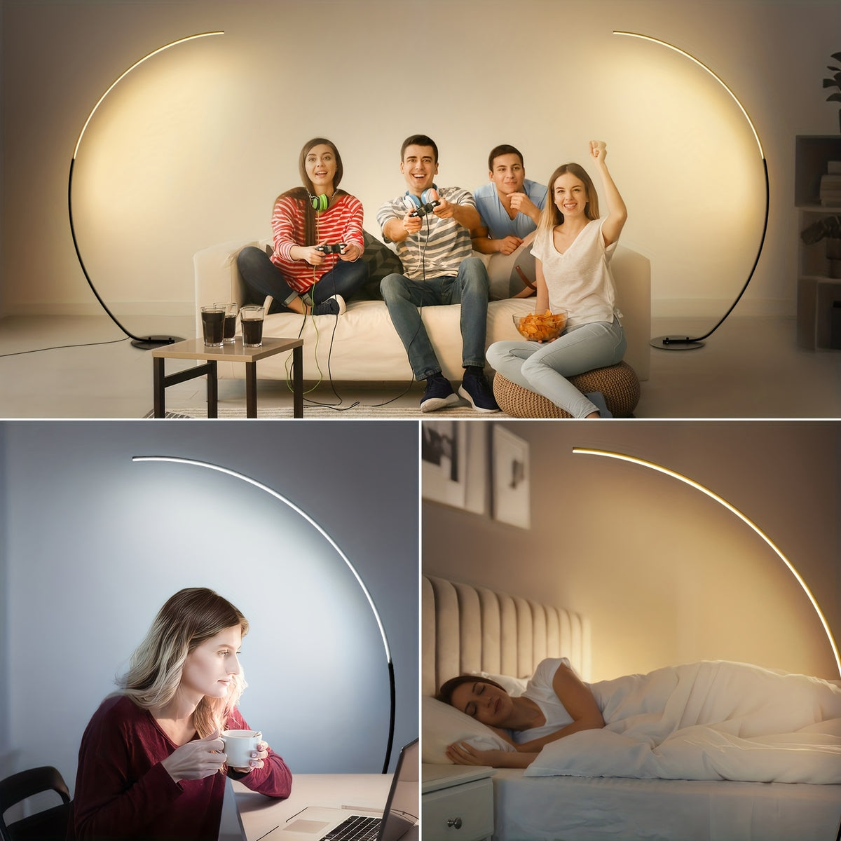 Lampadaire arc LED 25 W noir à minuterie et mémoire, 165 cm