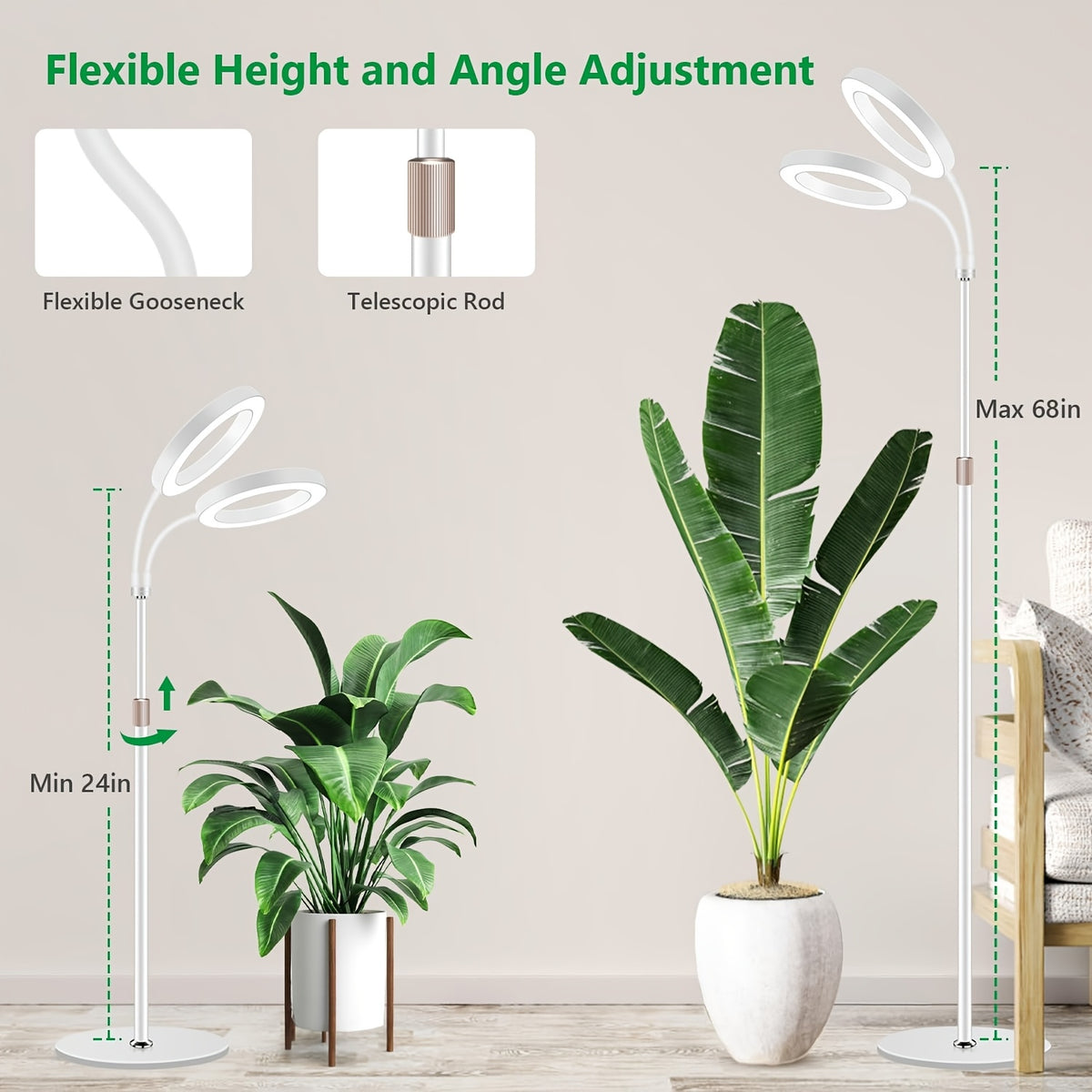 Lampadaire LED de croissance pour plantes à deux têtes, 58 à 173 cm