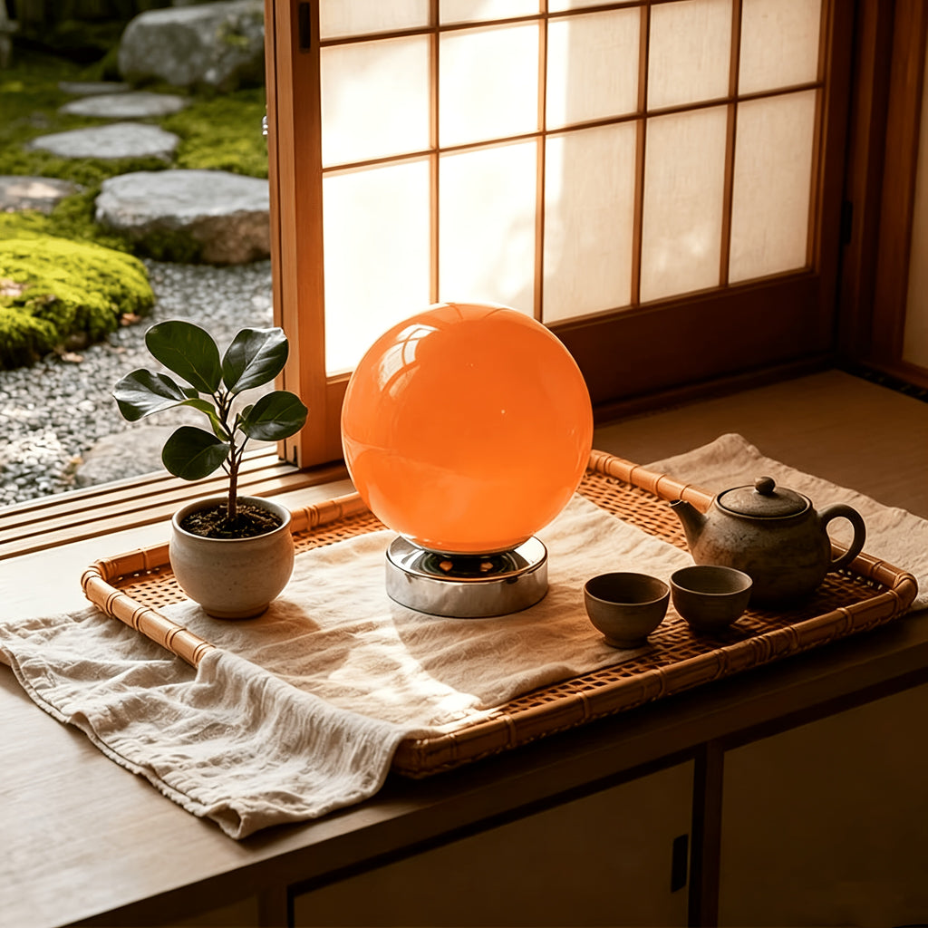 Lampe boule en verre rose sur socle chromé, USB et variateur