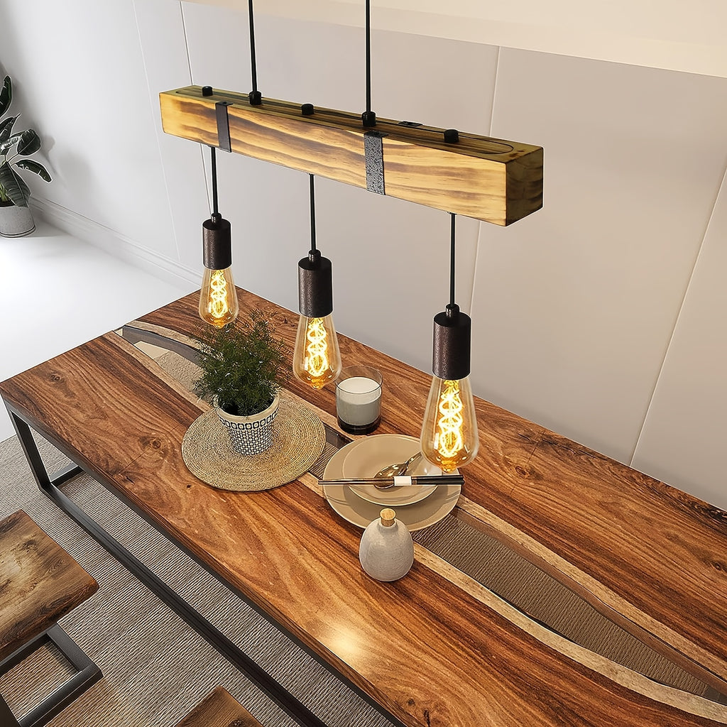 Suspension poutre effet bois brûlé, 3 ou 4 lumières, douilles E27