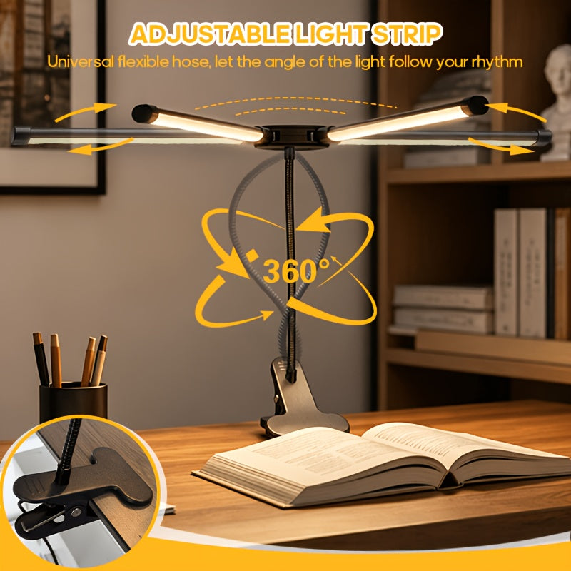 Lampe de bureau à pince double barre LED noire, col de 29 cm