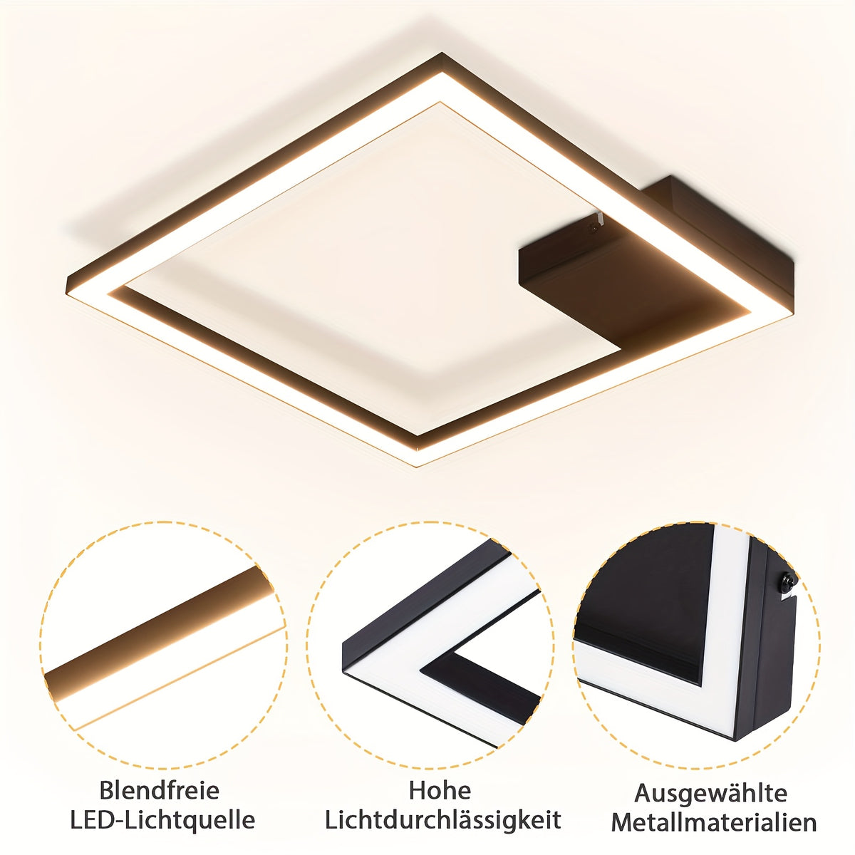 Plafonnier LED carré à cadre lumineux, 29,4 cm, noir ou blanc