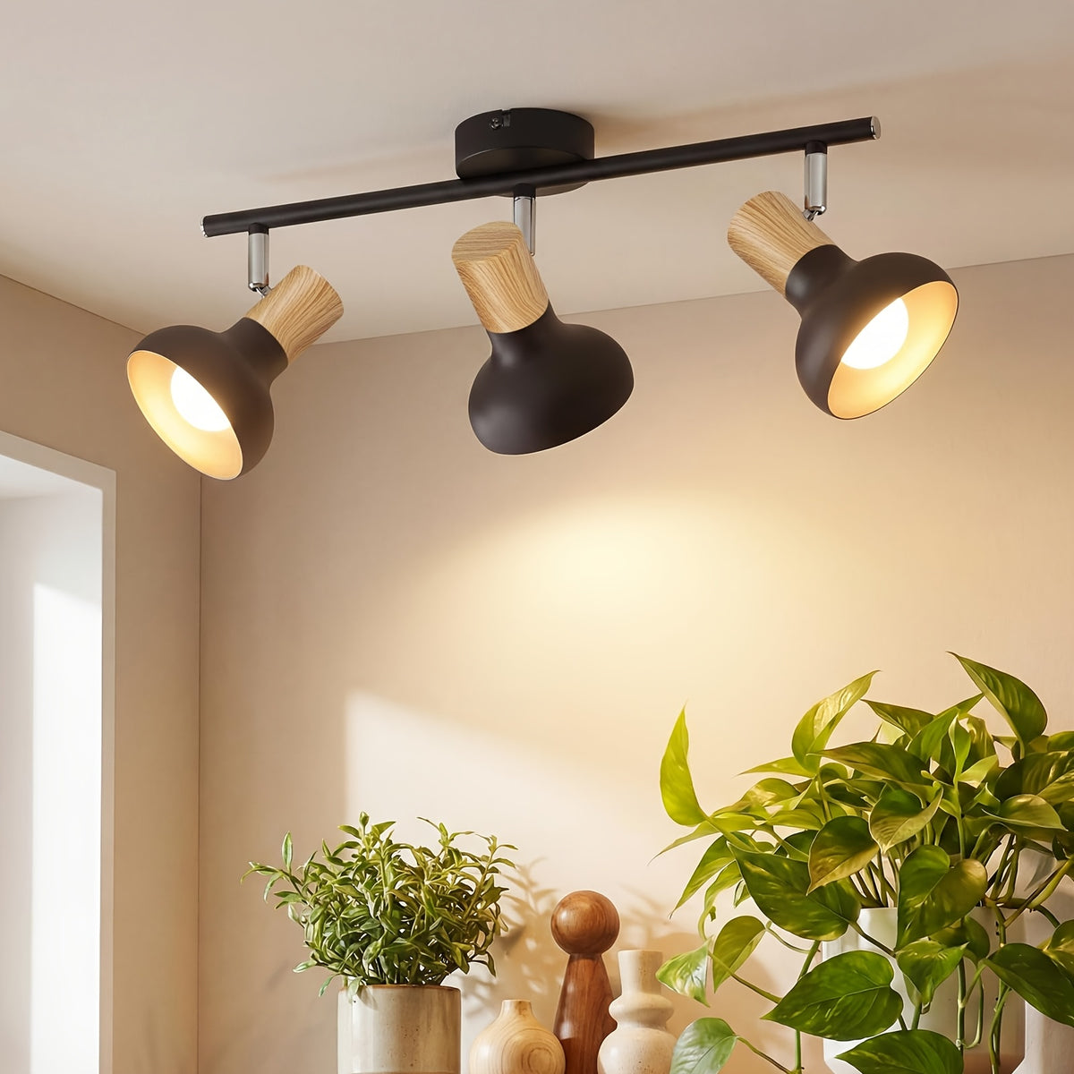 Barre de 3 spots noirs à col effet bois