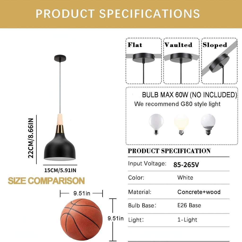 Suspension cloche noire mate à col effet bois et anneau doré, Ø 15 cm