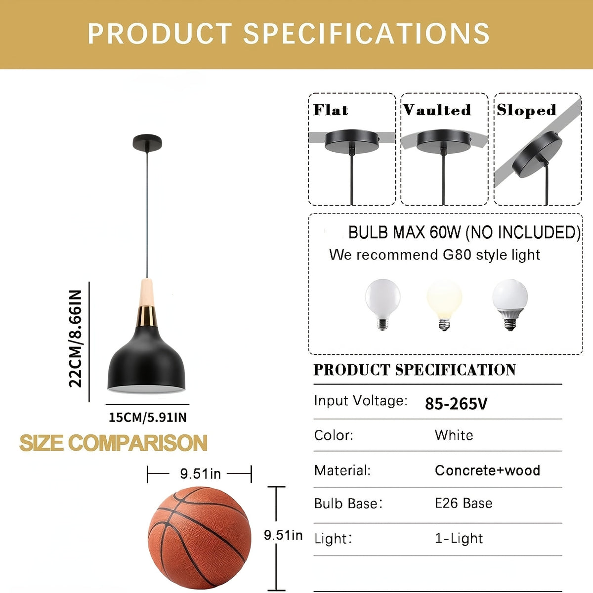 Suspension cloche noire mate à col effet bois et anneau doré, Ø 15 cm