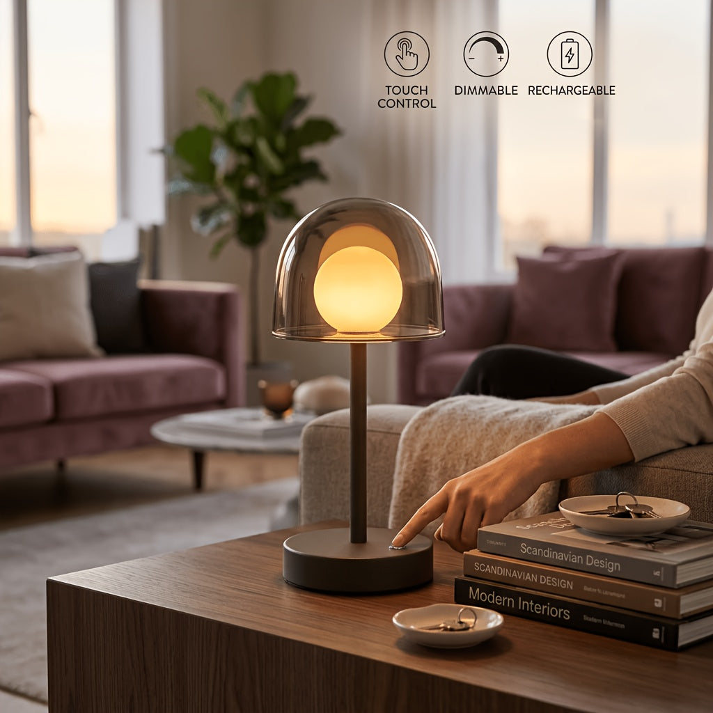 Lampe de table LED sans fil à dôme fumé et globe opalin, grise