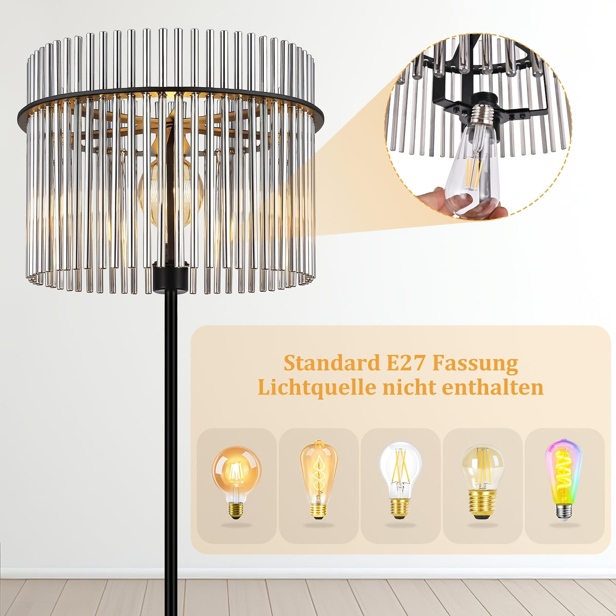 Lampadaire noir à abat-jour en baguettes de verre teinté, 154 cm