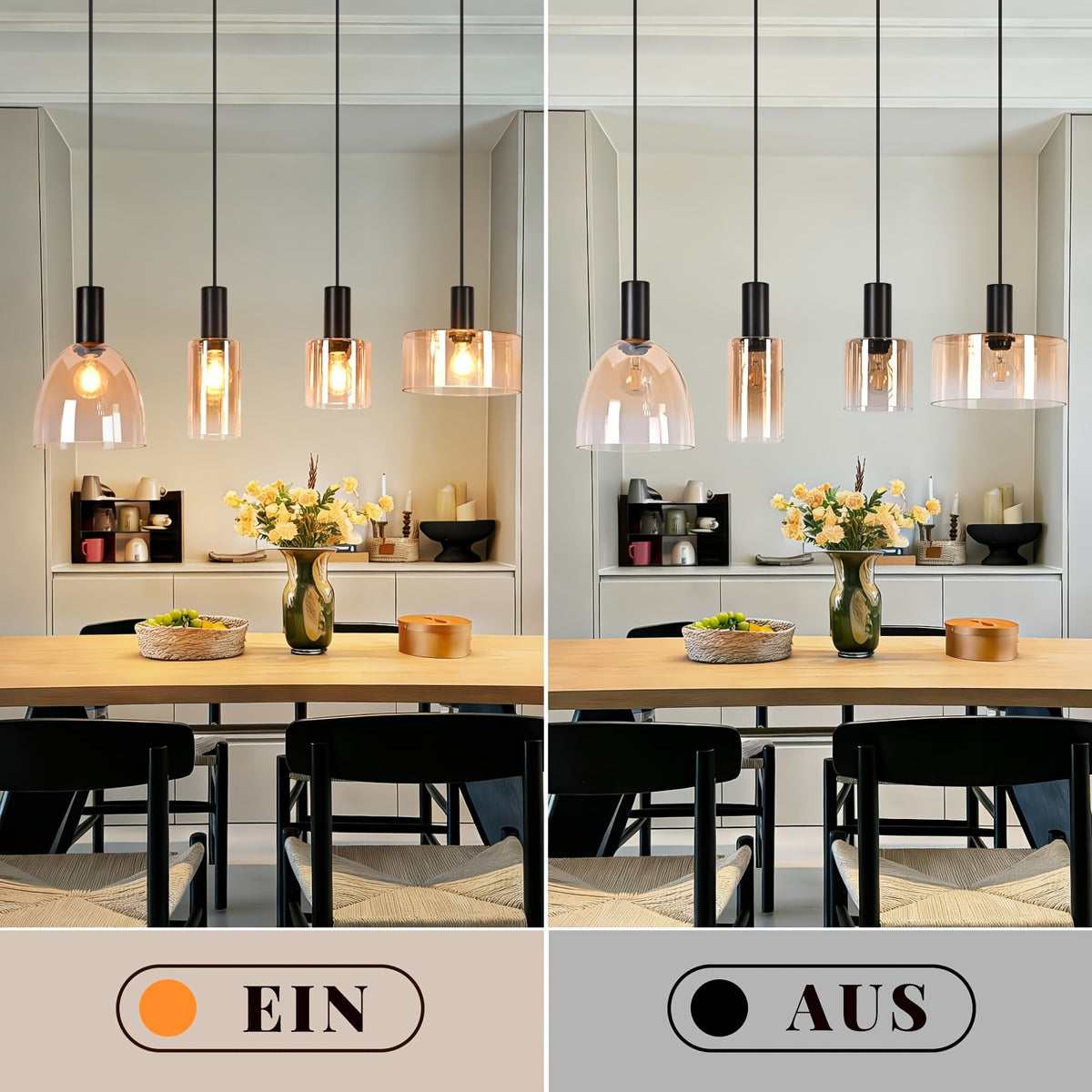 Suspension en verre ambré aux formes mêlées, 3 ou 4 lumières, E27