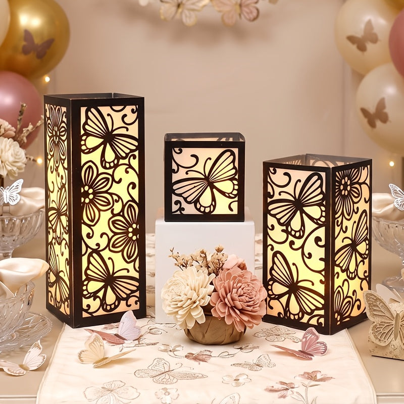 Lot de 3 photophores carrés noirs à découpes fleurs et papillons