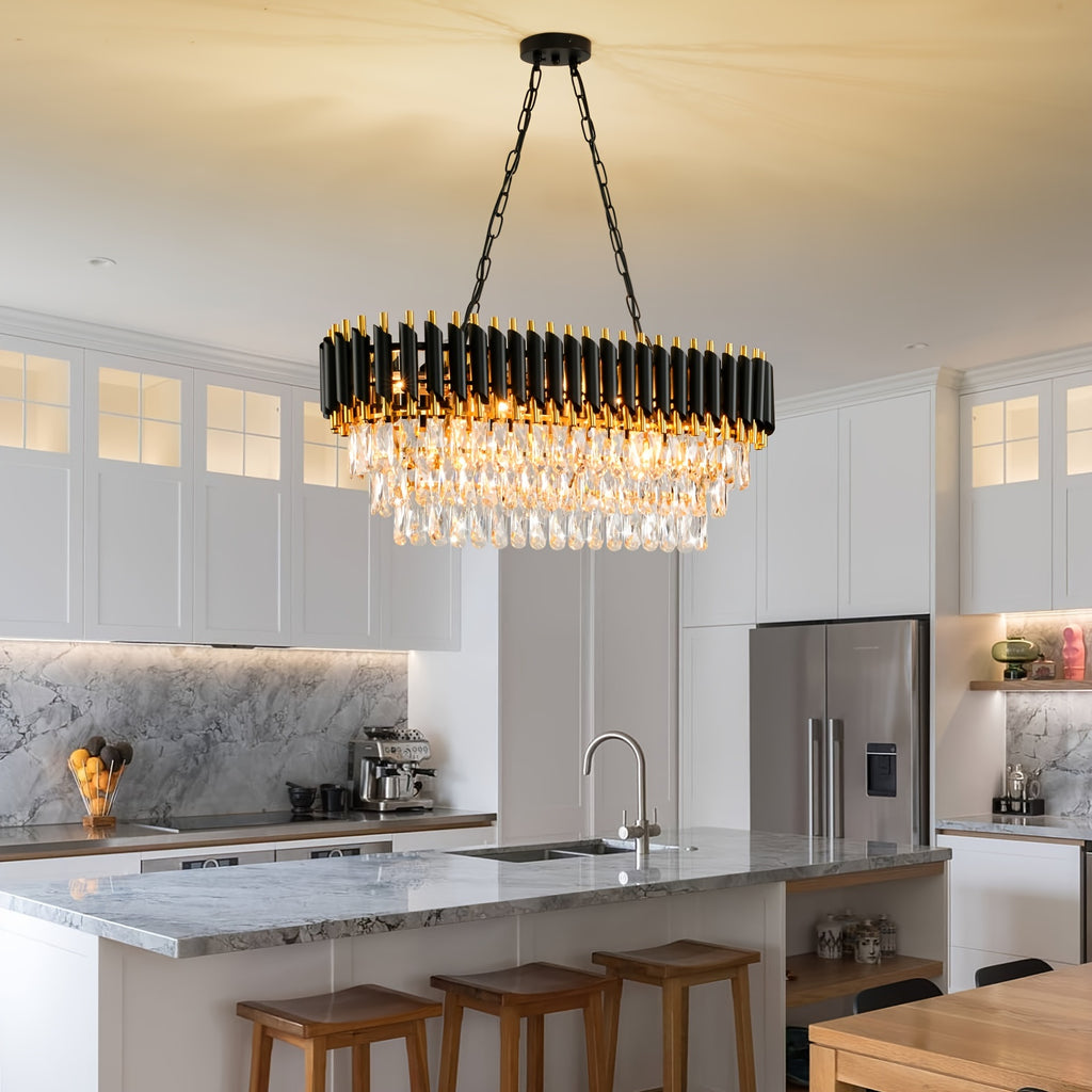 Lustre ovale noir et doré à cascade de cristal, 8 lumières E14