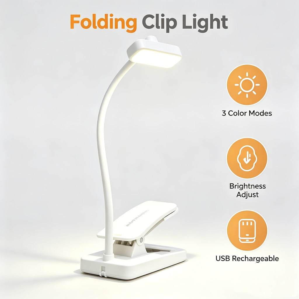 Lampe de lecture pliante à pince blanche, 10 x 4 cm une fois repliée