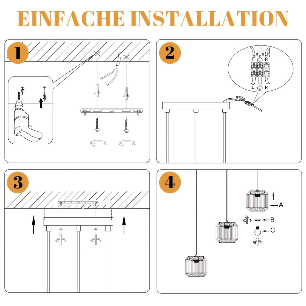 Suspension 3 lumières tressée, barre noire de 71 cm, douilles E27