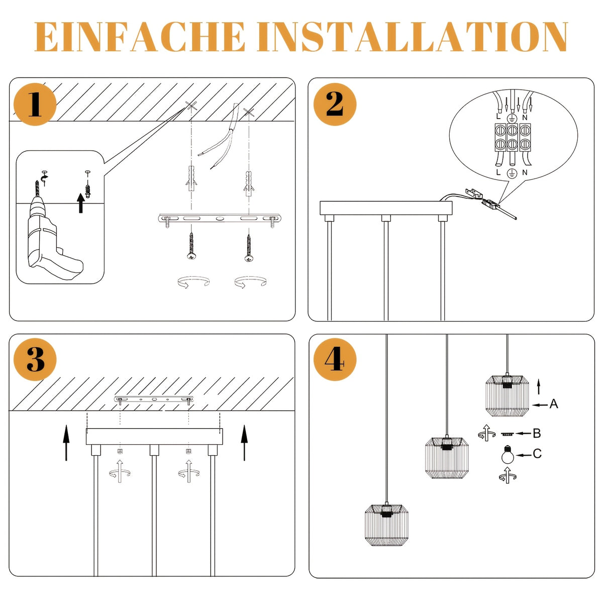 Suspension 3 lumières tressée, barre noire de 71 cm, douilles E27