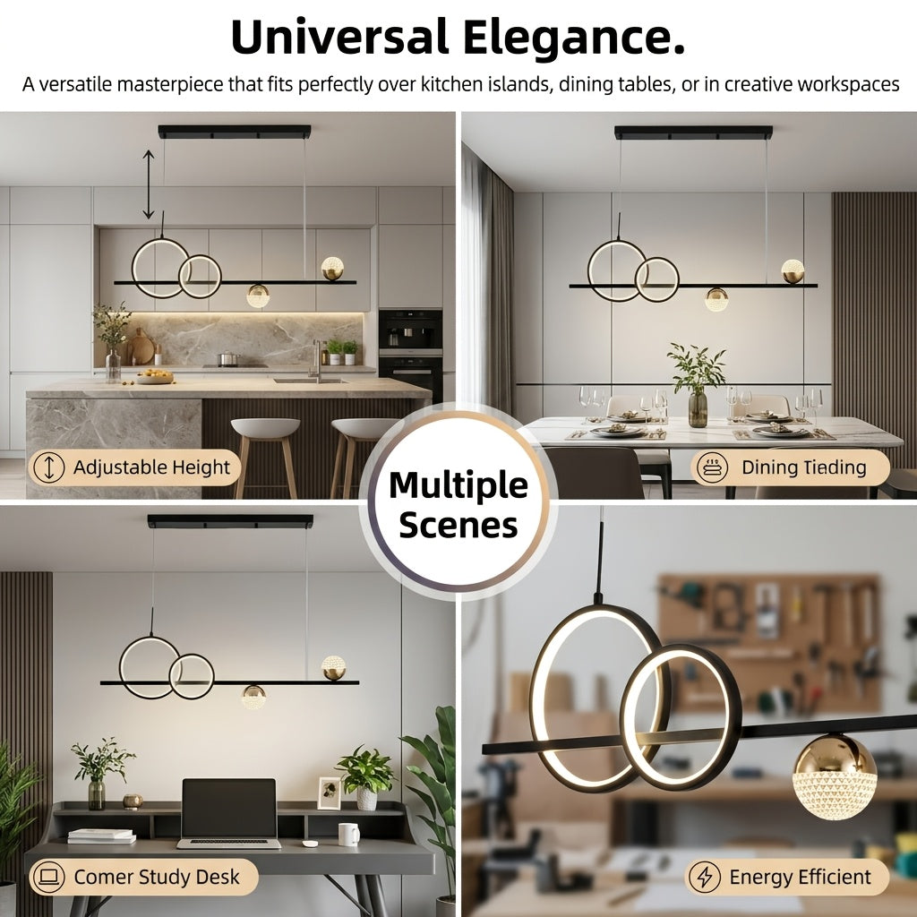 Lustre LED linéaire de 100 cm, double anneau et globes de cristal