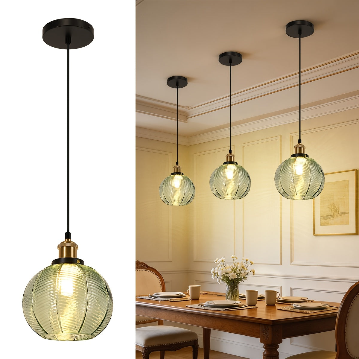 Suspension globe en verre vert nervuré, douille couleur laiton
