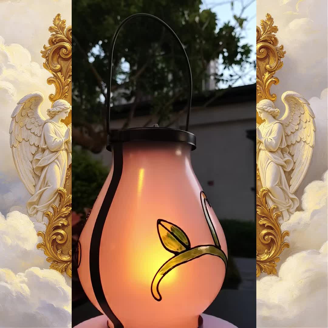 Lanterne solaire en verre dépoli à papillon peint, effet flamme