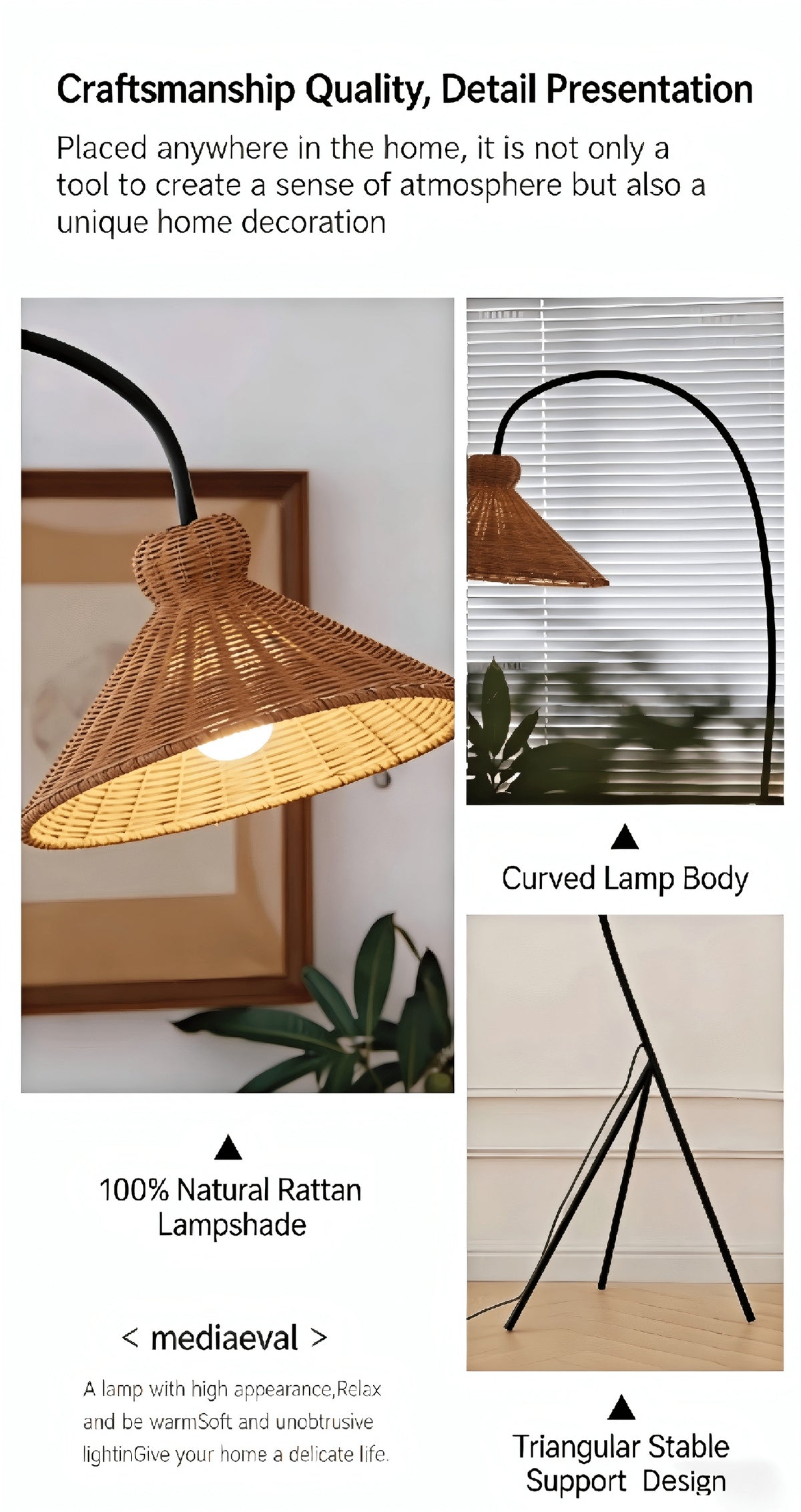 Lampadaire arc en rotin, abat-jour conique sur trépied noir