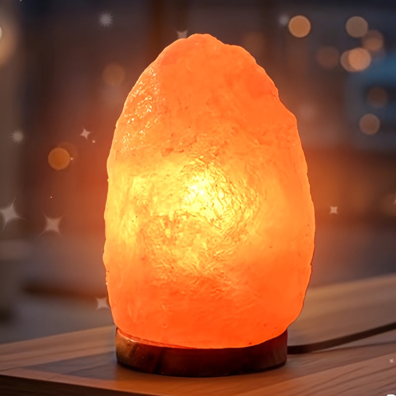 Lampe de sel rose brut sur socle en bois, veilleuse USB chaude