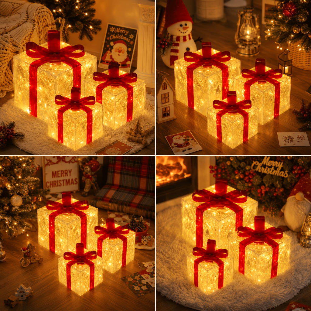 Lampe décorative de Noël, lot de 3 paquets cadeaux lumineux 60 LED