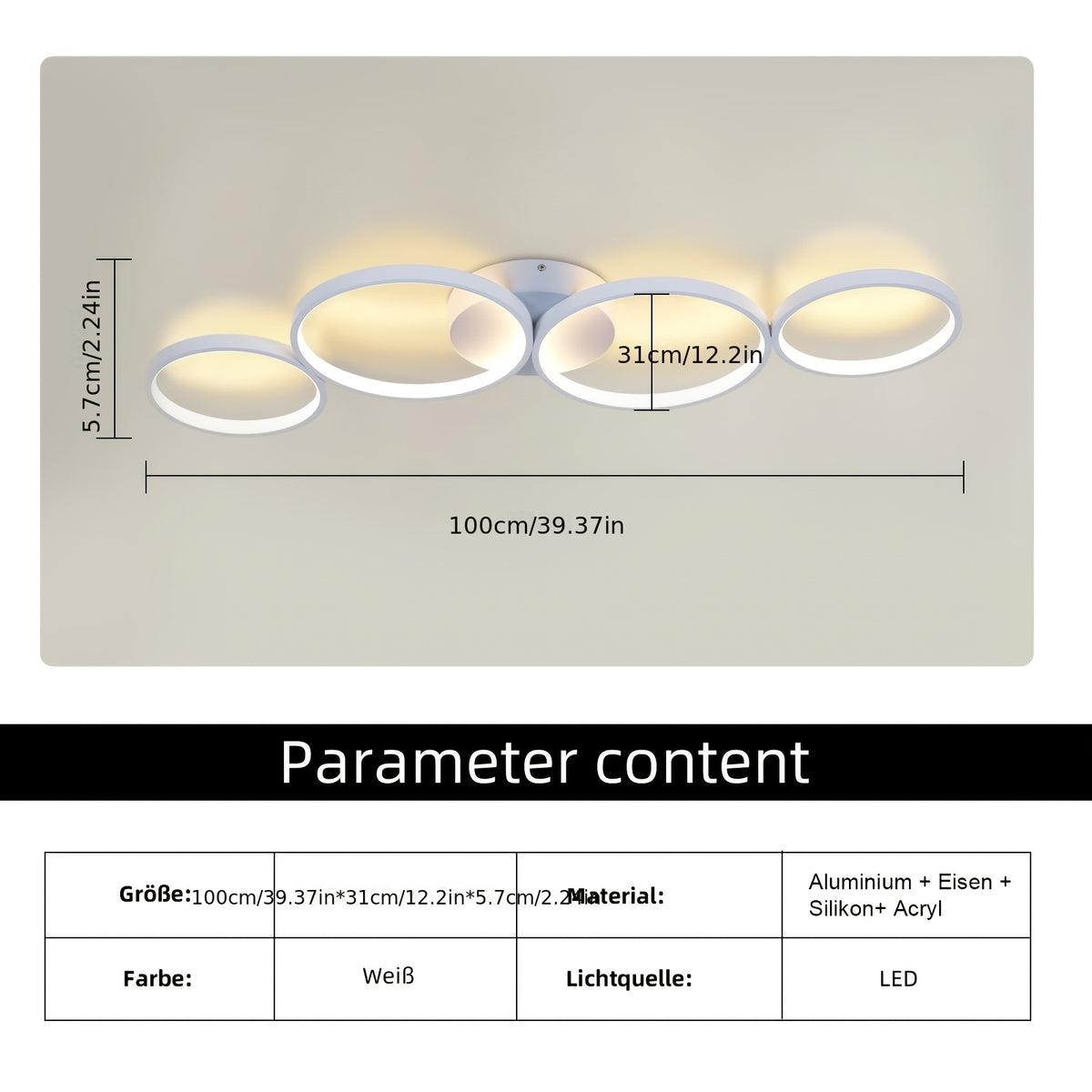 Plafonnier LED 100 cm à quatre anneaux, blanc à variateur ou noir