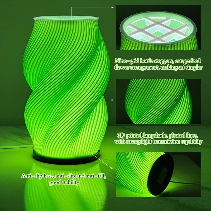 Lampe vase imprimée en 3D à spirale, vert ou lilas, USB, 19 cm