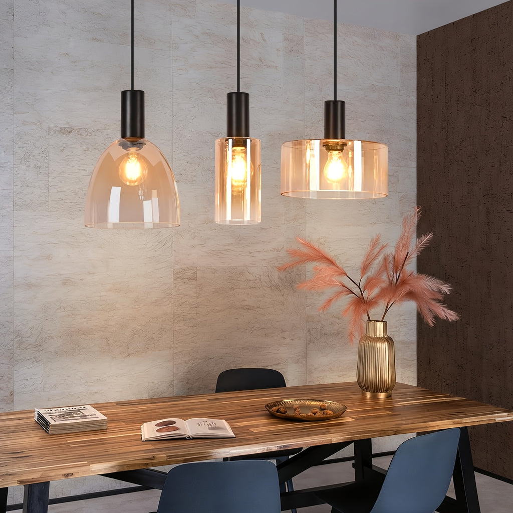 Suspension en verre ambré aux formes mêlées, 3 ou 4 lumières, E27