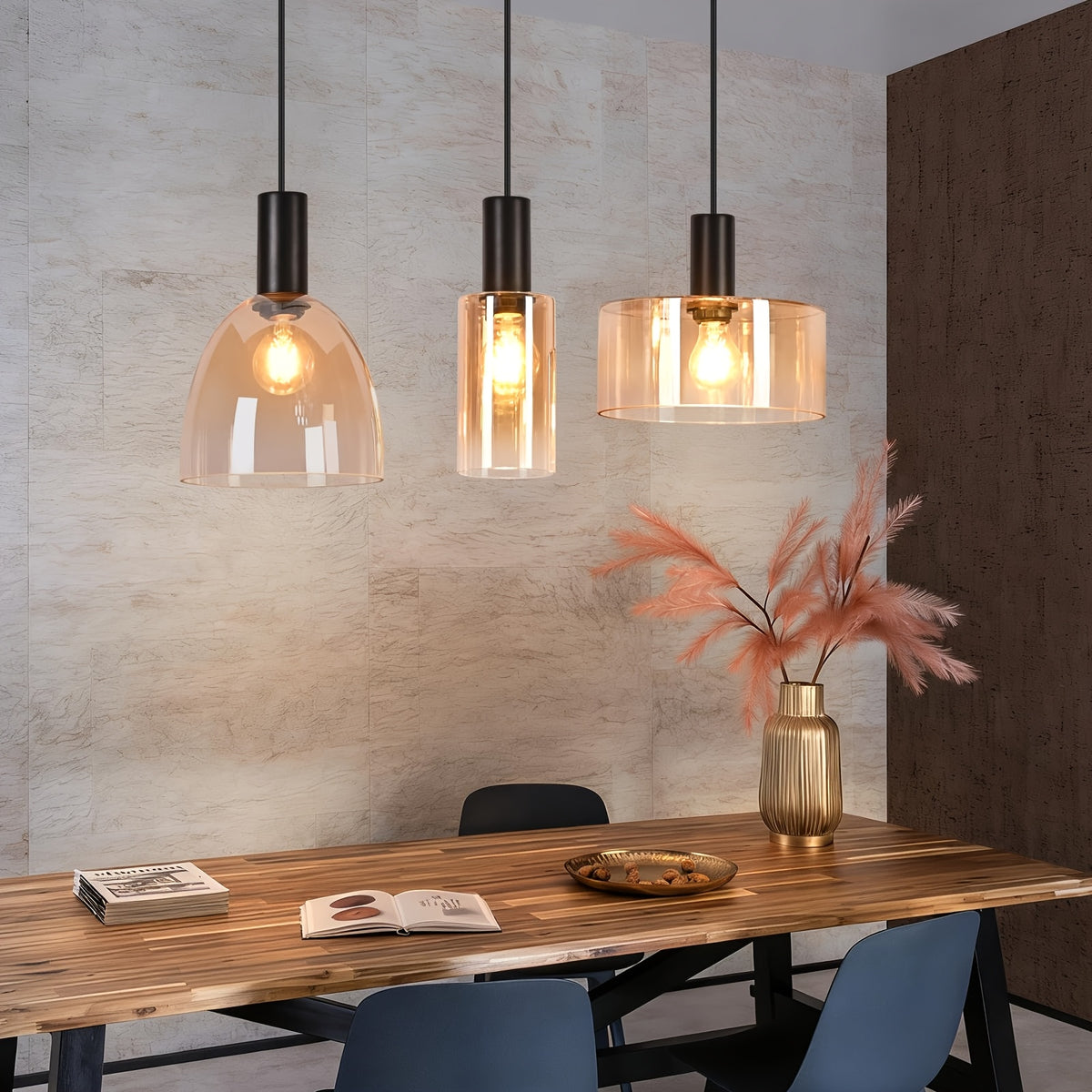 Suspension en verre ambré aux formes mêlées, 3 ou 4 lumières, E27