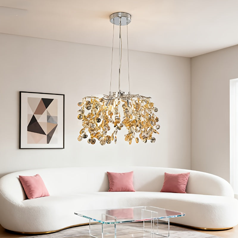 Lustre argenté à boules de cristal ambrées, Ø 40 x H 40 cm